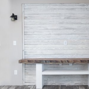 Table Entertainment Center with Wood Slats